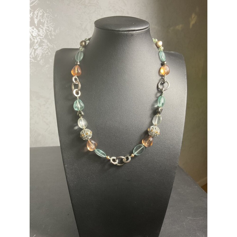 Pastel Colored Beaded Necklace With Multicolor Stones & Silver Chain